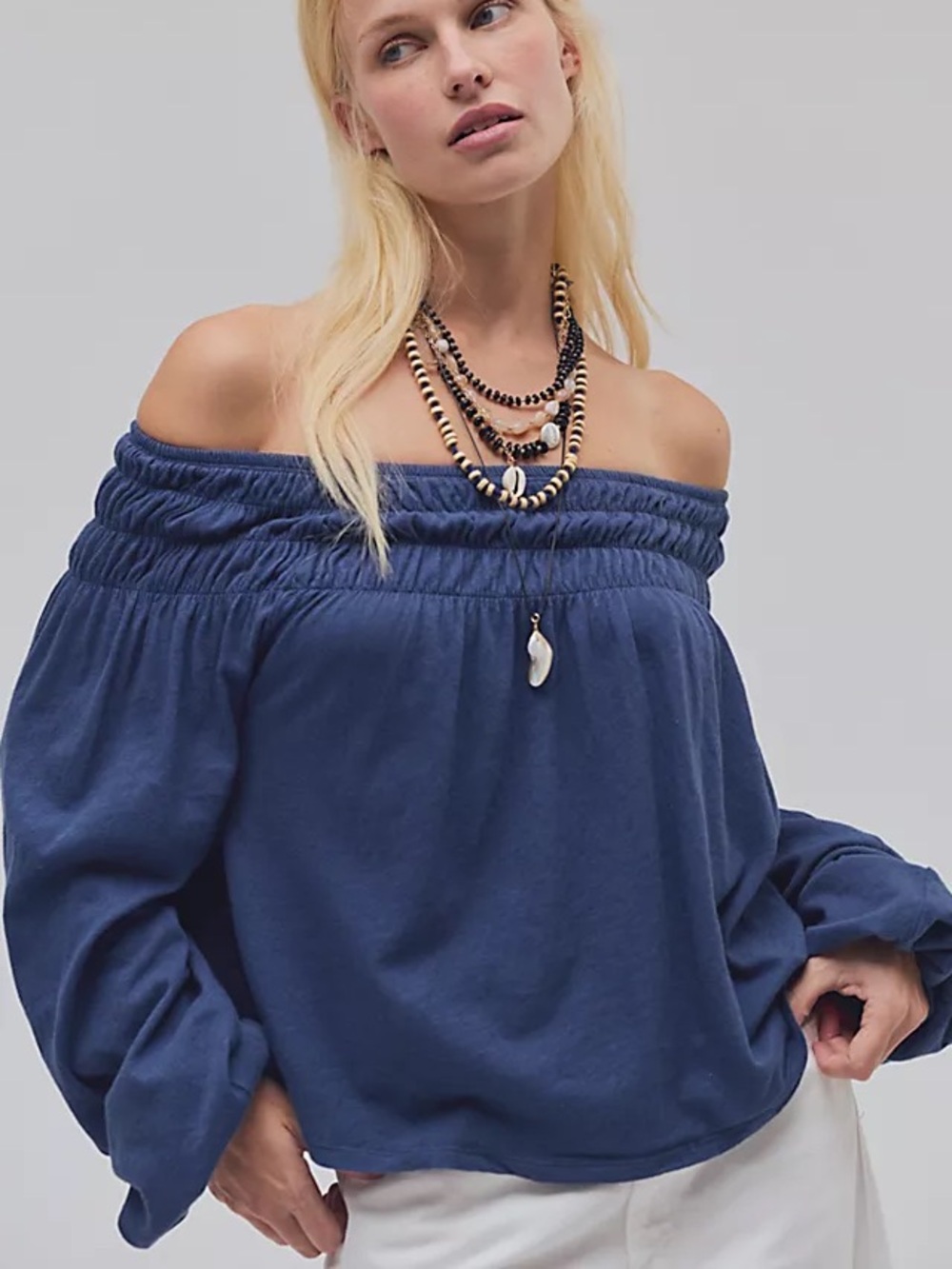 NWT FREE PEOPLE WE THE FREE Peaches Off-The-Shoulder Blouse | Deep Iris MSRP $98